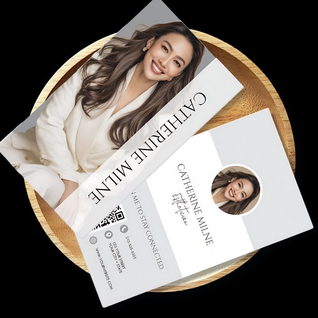 Cartão De Visita Cinza estética Beauticista Código QR e Foto (Criador carregado)