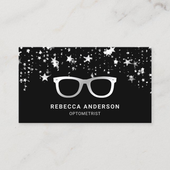 Cartão De Visita Cinza Estrela de Confetti Cinza Negra Óculos Óculo (Frente)