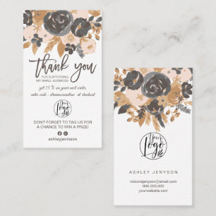 Cartão De Visita Cinza marrom boho floral logotipo obrigado