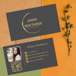 Cartão De Visita Cinza Moderno Dourado, Código QR Foto Profissional