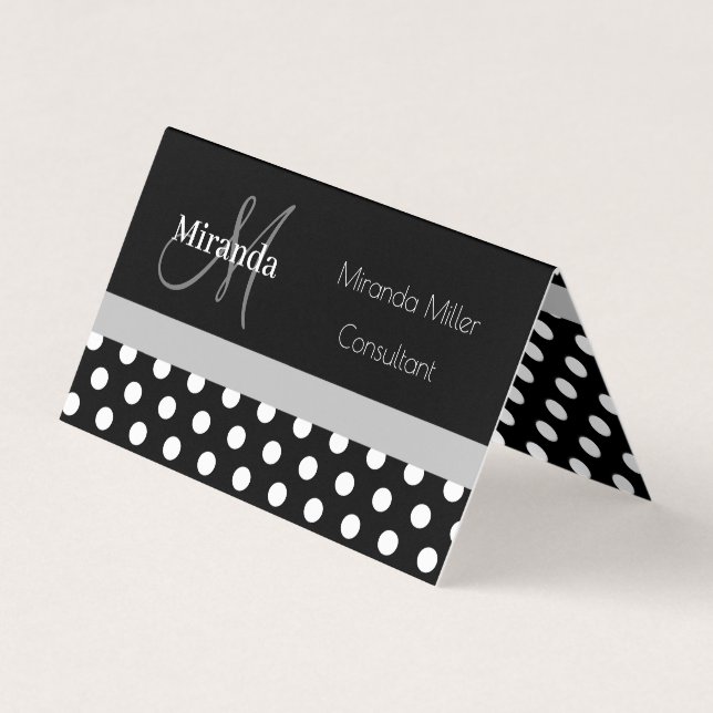Cartão De Visita Cinza Monograma Bolinhas Branca Preta (Frente)