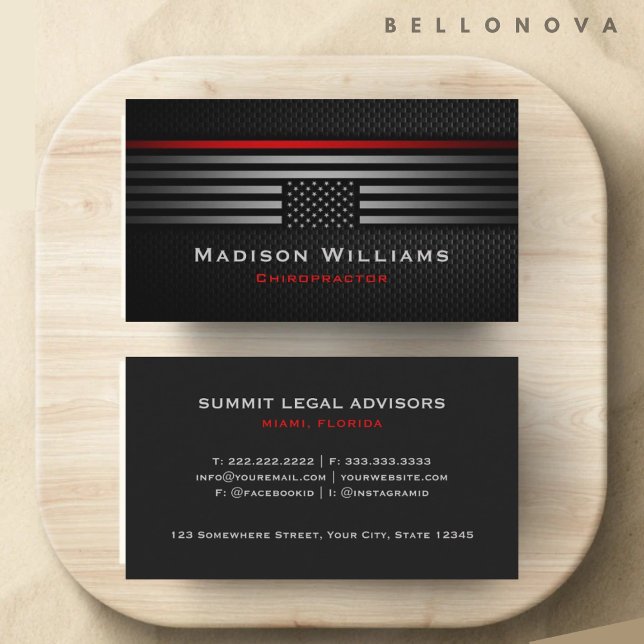 Cartão De Visita Cinza Negra Personalizada Vermelha EUA Sinalizador (Custom Black Grey Red The USA America Flag Premium Business Card)