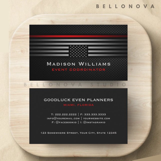 Cartão De Visita Cinza Negra Personalizada Vermelha EUA Sinalizador (Custom Black Grey Red The USA America Flag Premium Business Card)