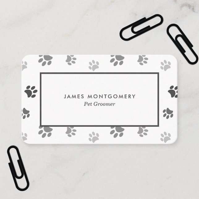 Cartão De Visita Cinza Preta Branco Imprime Personalizado (White Black Gray Paw Prints Custom Business Card)