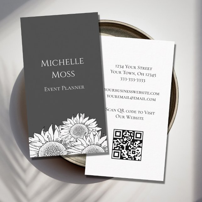 Cartão De Visita Cinzas de código QR de Sunflower Modernos (Criador carregado)