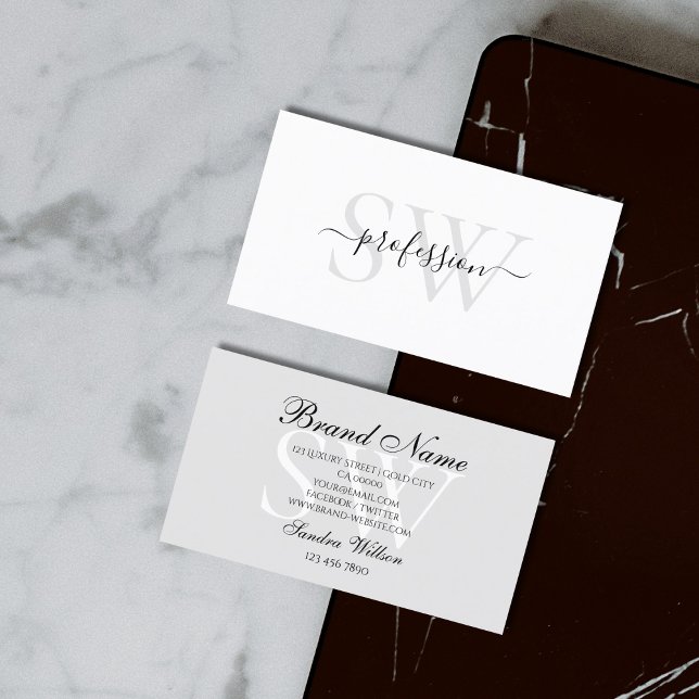 Cartão De Visita Cinzas de Pastas brancas muito elegantes com monog (Criador carregado)