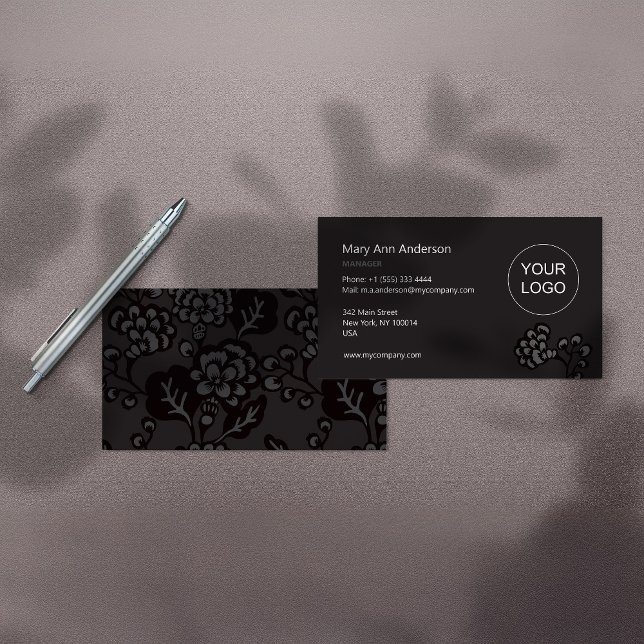 Cartão De Visita Cinzas e Padrão Floral Negro Vibrante e Negrito (Criador carregado)