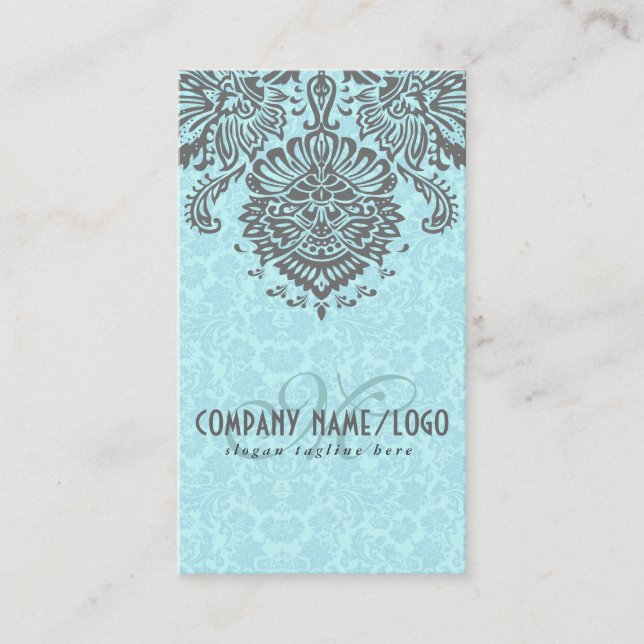 Cartão De Visita Cinzas Elegantes E Damascos Florais Azuis (Frente)