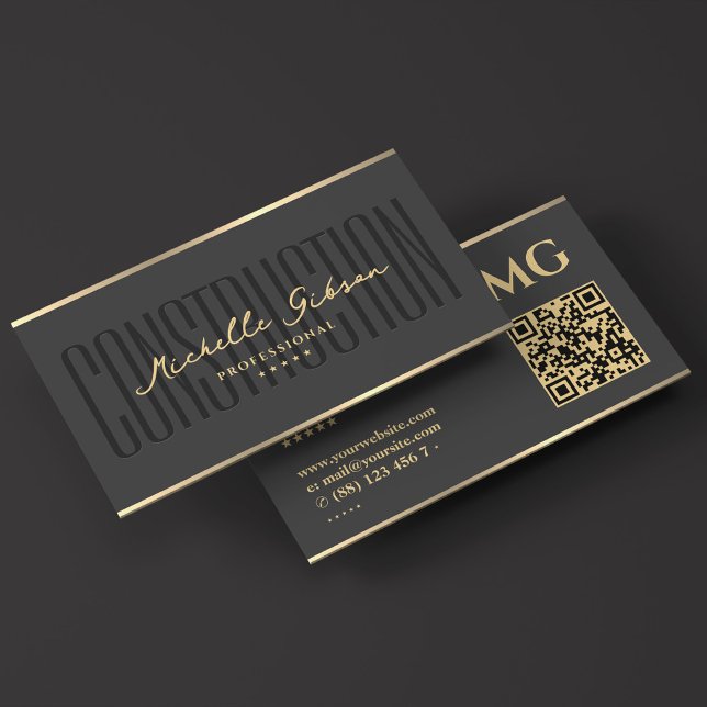 Cartão De Visita Cinzas Escuras Douradas do Contratante da Construç (Modern Construction Contractor Dark Grey Faux Gold Business Card
)
