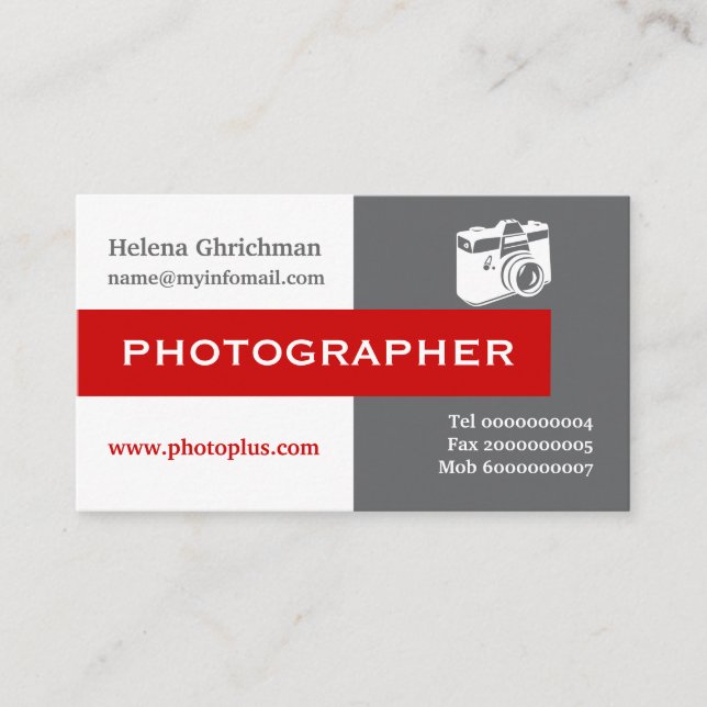 Cartão De Visita Cinzas fotógrafas, brancas, de cor vermelha (Frente)