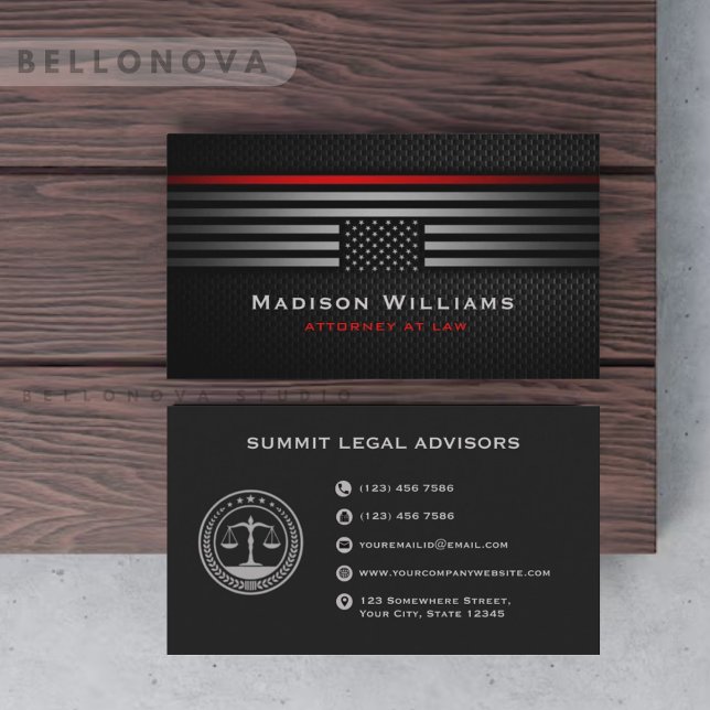 Cartão De Visita Cinzas Negras Personalizadas Escritório De Lei De  (Custom Black Grey The Usa America Flag Law Office Business Card)