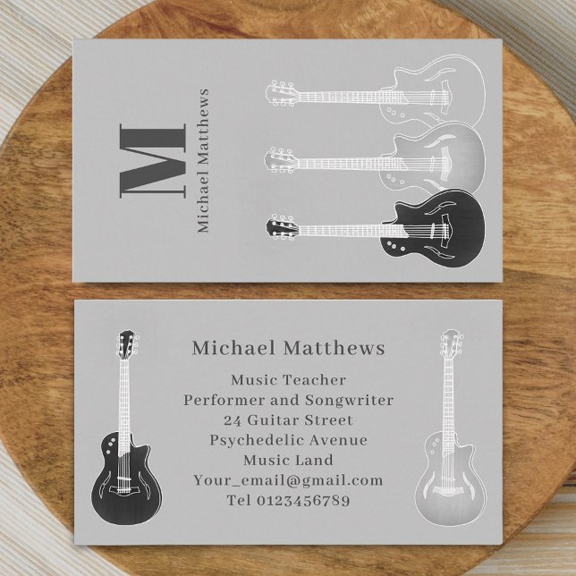 Cartão De Visita Cinzas Personalizadas de Músicos de Professores de (Modern guitar music teacher professional musician gray Business card Simple minimalist design)