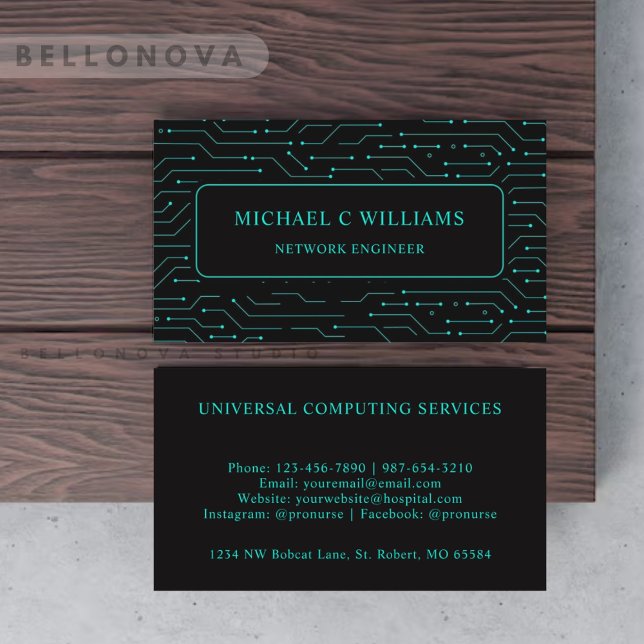 Cartão De Visita Circuito Azul Turquesa Verde Preto e Preto Persona (Custom Black Bright Green Turquoise Blue Circuit Business Card)