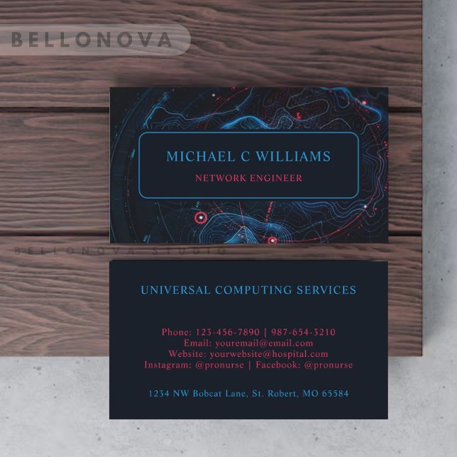 Cartão De Visita Circuito Vermelho Azul Marinho Claro Personalizado (Custom Light Dark Navy Blue Red Circuit Business Card)