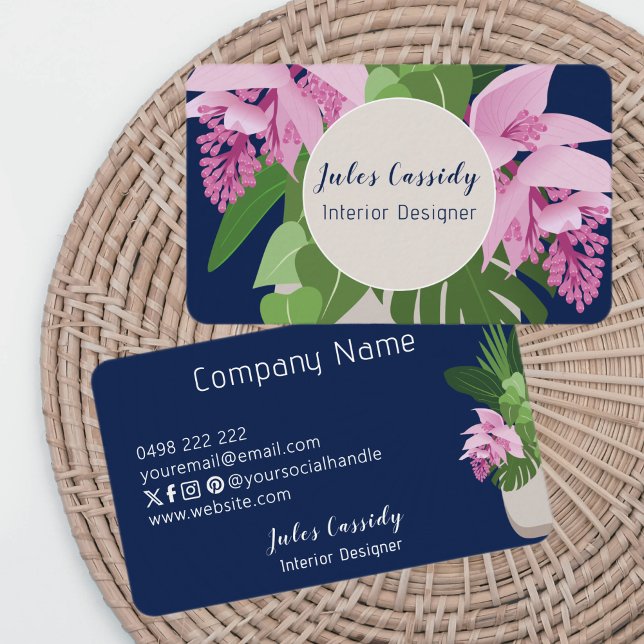 Cartão De Visita Círculo bege azul escuro da Flor Tropical Medinill (Criador carregado)