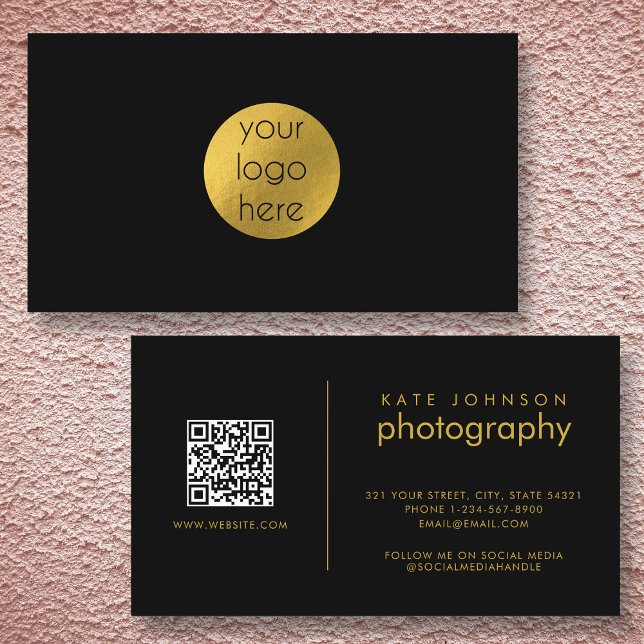 Cartão De Visita Círculo de Logotipo Comercial Preto Dourado Modern (Custom Business Logo Circle Black Gold Modern Business Card)
