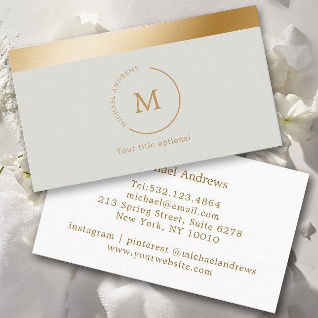 Cartão De Visita Círculo de Monograma de Faixa Dourada Verde-cinza (Criador carregado)
