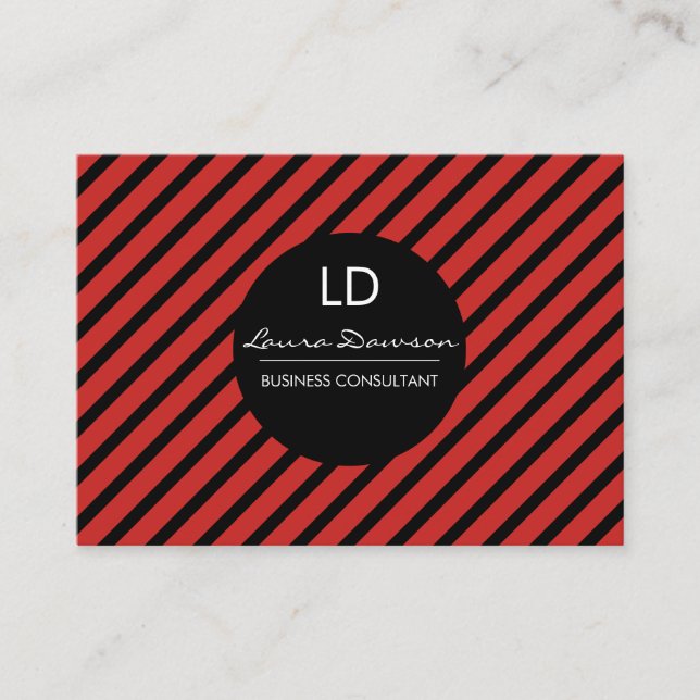 Cartão De Visita Círculo e tiras de monograma vermelhos elegantes (Frente)