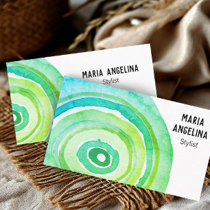Cartão De Visita Círculos de Aquarela Abstrato Verde Anéis Neutro