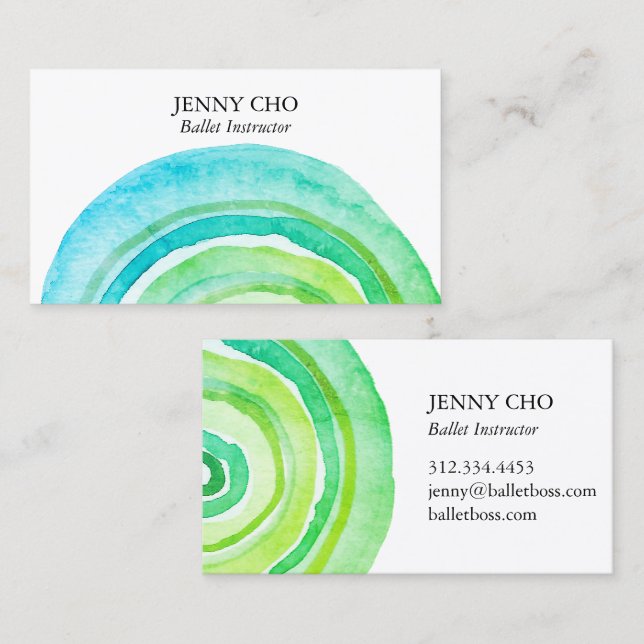 Cartão De Visita Círculos de Aquarela Anéis Abstrato Verde Minimali (Frente/Verso)