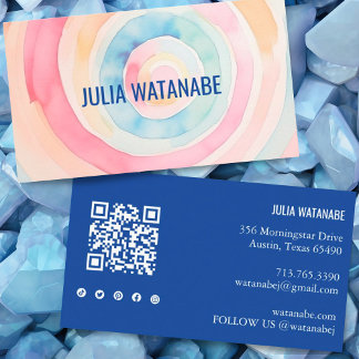 Cartão De Visita Círculos de Aquarela Código QR Mídia Social Modern