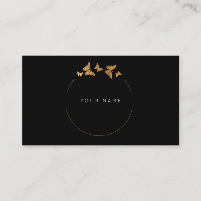 Cartão De Visita Círculos de Borboleta Ouro Folha Preta Vip (Frente)