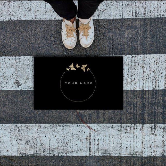Cartão De Visita Círculos de borboleta Ouro Folha Preta Vip Mínimo (Butterfly Circles Golden Foil Black Vip Minimal Business Card)