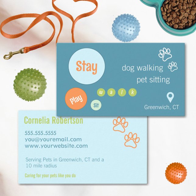 Cartão De Visita Círculos Divertidos Cachorro Caminhante Amarra Azu (Sit Stay Play. Fun Eye-Catching Memorable business card in Blue, Green and Orange.)