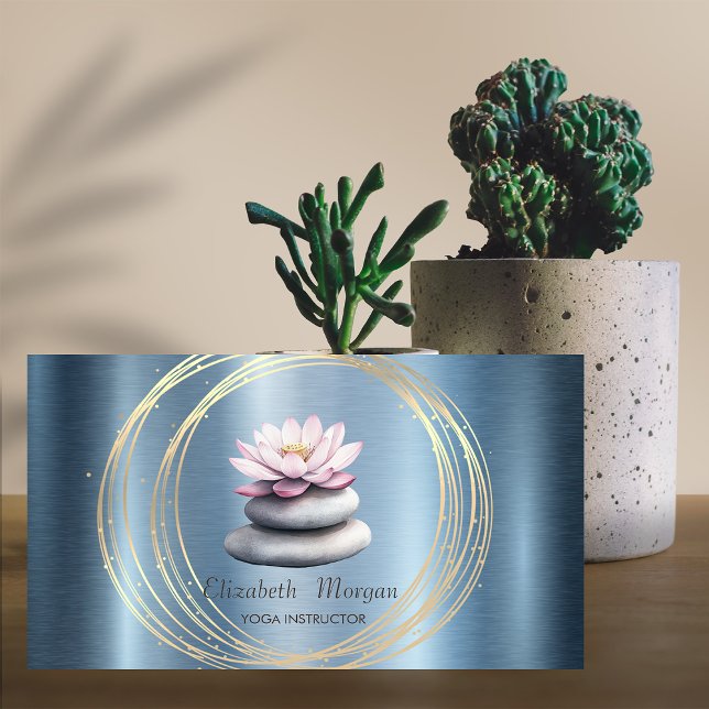 Cartão De Visita Círculos Dourados Lotus Blue Zen Stones Metálico (Criador carregado)