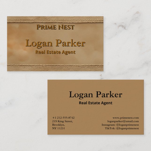 Cartão De Visita Classic Stitched Leather Real Estate Business Card (Frente/Verso)