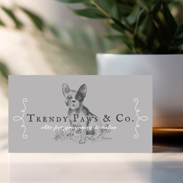 Cartão De Visita Clássica Estilo Boutique Pet Salon Bulldog Francês (Classy Boutique Style Pet Salon French Bulldog Business Card)