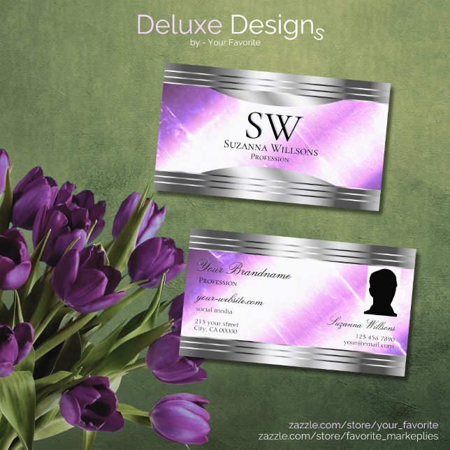 Cartão De Visita Clássica Lilac Silver Shimmer Fronteiras Monograma (Criador carregado)