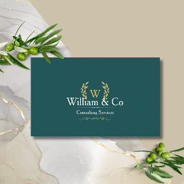 Cartão De Visita Clássico Laurel Wreath Teal Dourado Monograma