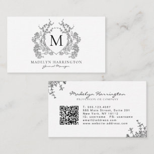 Cartão De Visita Clássico Preto Branco Floral Crest Monograma Códig