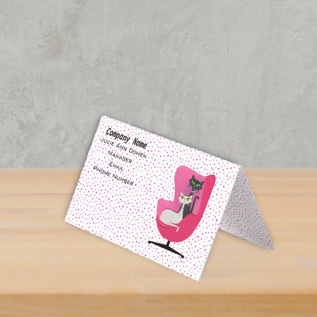 Cartão De Visita Classy Cats Mid century Pink Chair Polka Dots (Classy midcentury cats in pink chair on white with pink polkadots standing business card.)