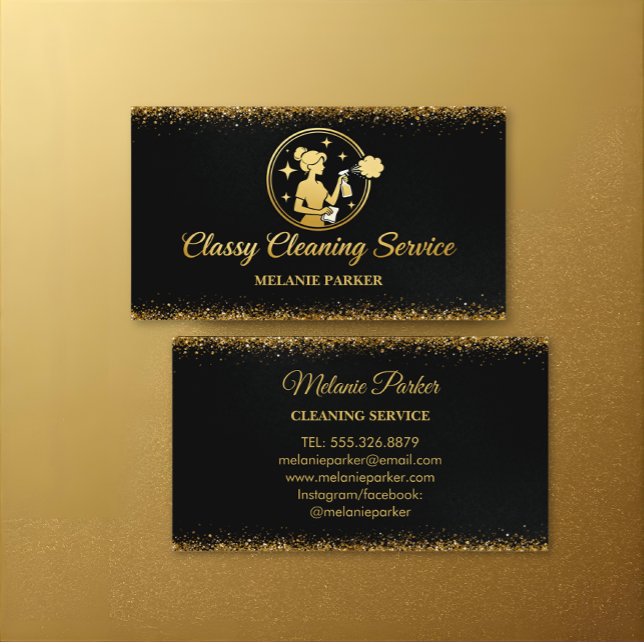 Cartão De Visita Classy Cleaning Services Logo Maid gold (Criador carregado)