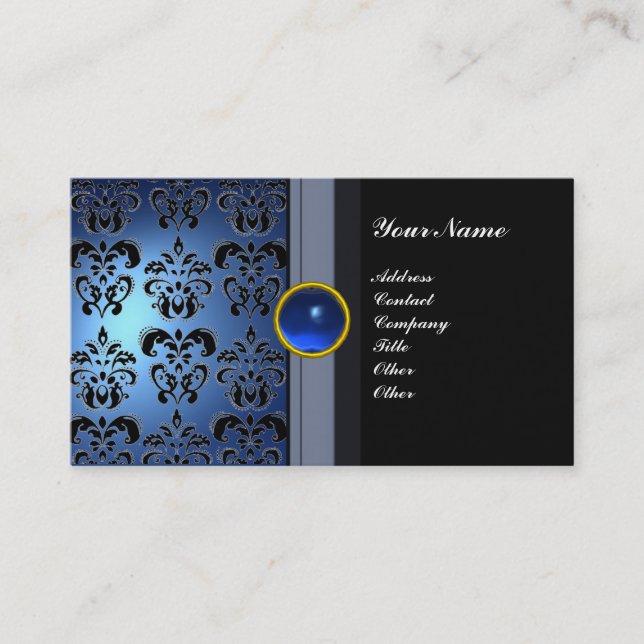Cartão De Visita CLASSY DAMASK GEM MONOGRAM preto azul (Frente)