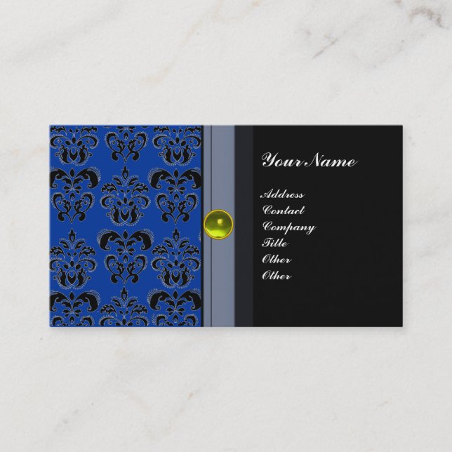 Cartão De Visita CLASSY DAMASK MONOGRAM cinza azul topaz amarelo (Frente)