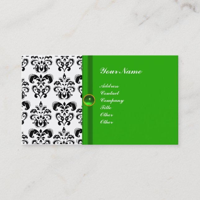 Cartão De Visita CLASSY DAMASK MONOGRAM verde branco (Frente)