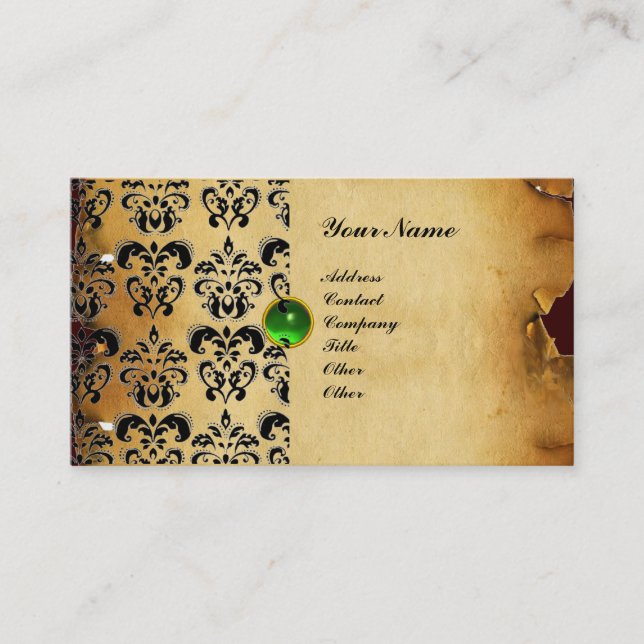 Cartão De Visita CLASSY DAMASK PARCHMENT MONOGRAM esmerald verde (Frente)