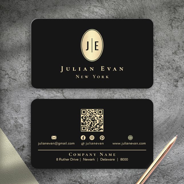 Cartão De Visita Classy Elegant Black & Gold Shiny Oval Monogram (Classy Elegant Black & Gold Shiny Oval Monogram Business Card)