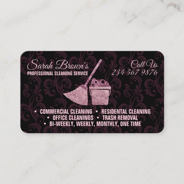 Cartão De Visita Cleaning Service Maid Janitorial pink swirl (Frente)