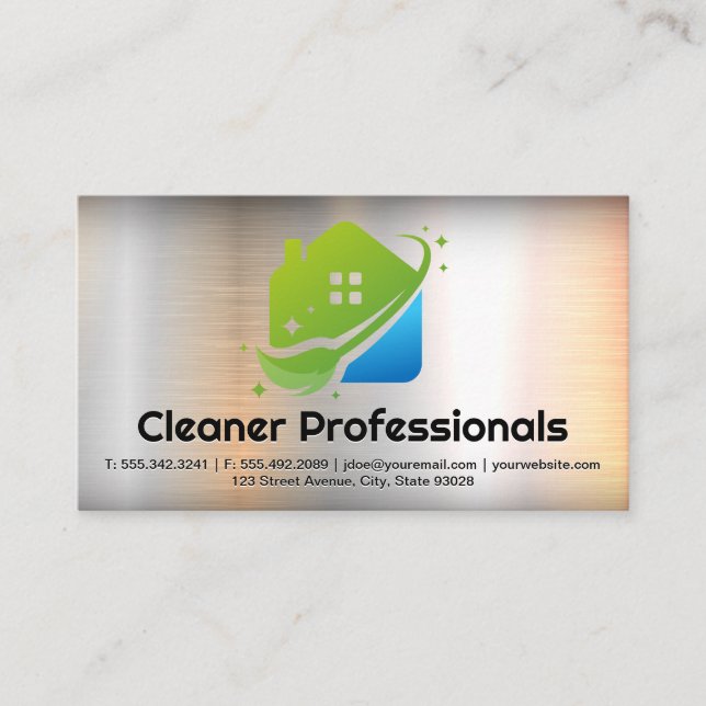 Cartão De Visita Cleaning Services House Logo | Metal Background (Frente)