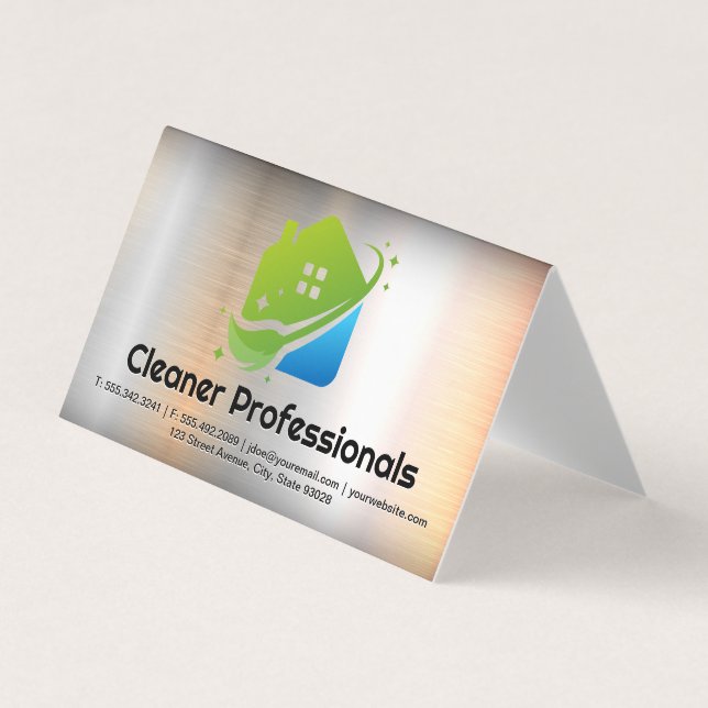 Cartão De Visita Cleaning Services House Logo | Metal Background (Frente)