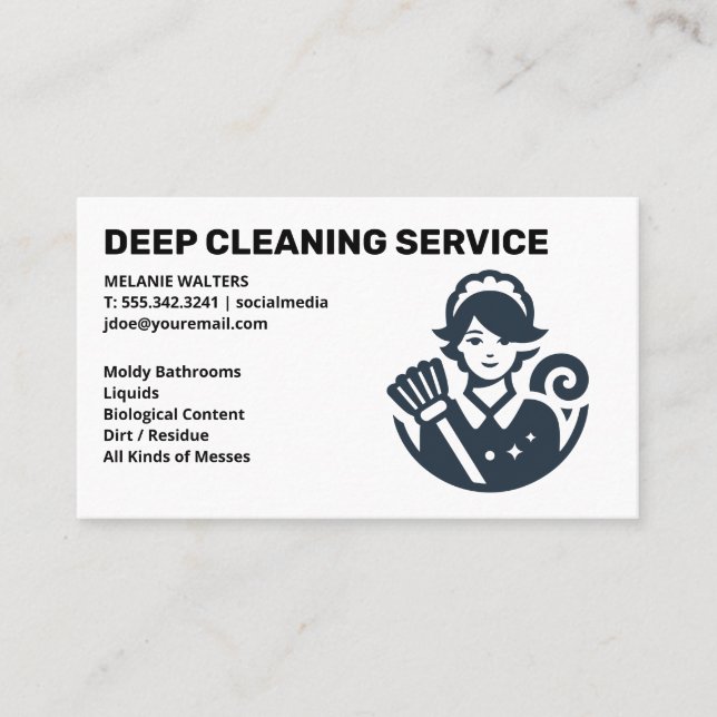 Cartão De Visita Cleaning Services | Maid with Broom Logo (Frente)
