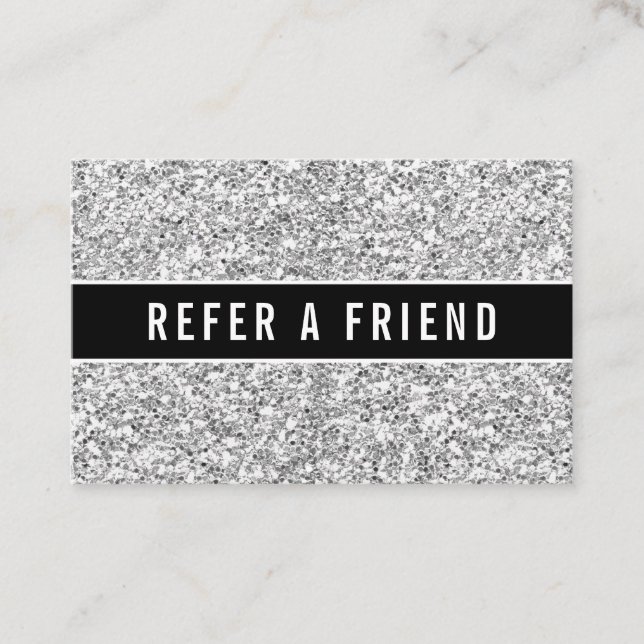 Cartão De Visita Cliente de Referência de Salão de Glitter Silver S (Frente)
