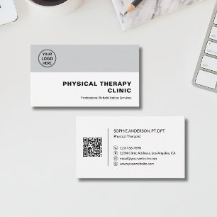 Cartão De Visita Clínica de Fisioterapia Logotipo QR Branco Cinza