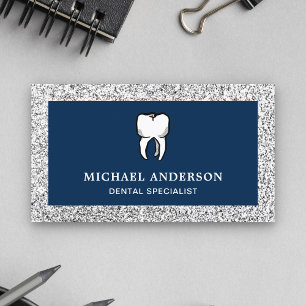 Cartão De Visita Clínica Dentária Dente Brilho Prata Azul Dentista