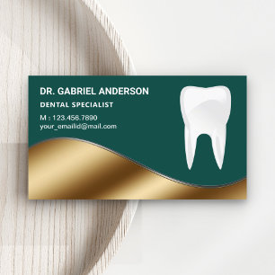 Cartão De Visita Clínica Dentária Dente Ouro e Verde Escuro Dentist