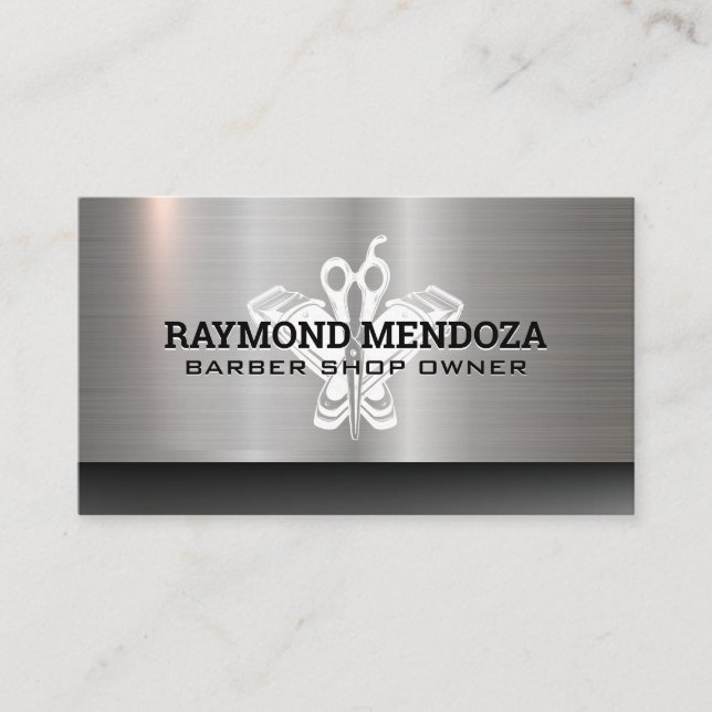 Cartão De Visita Clippers de Cabelo Barber | Tesoura | Metálico (Frente)